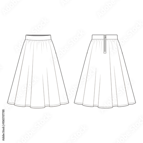 Flared Midi Skirt with Elastic Waistband and Zipper Closure - Technical Drawing


