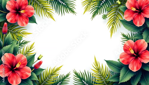 Vibrant tropical background with bright hibiscus flowers and lush ferns, creating a lively and dynamic frame with copy space in the center