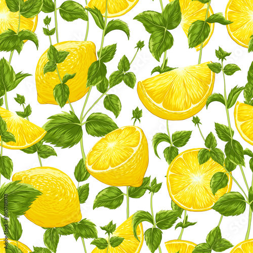 Lemon fruits, mint leaves seamless pattern. Vector bright fabric print, wallpaper design, elegant texture on white background. Packaging design. Citrus fresh ornament for bar, textile, wrapping