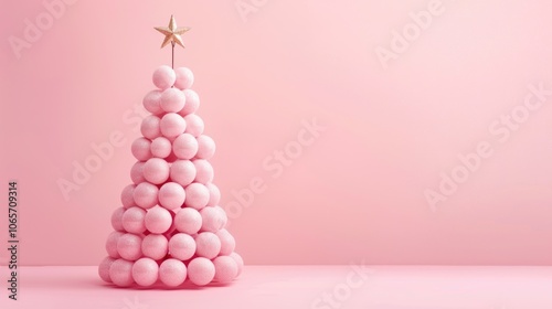 A Christmas tree made of light blue balls, decorated with stars on top, on a background of light pastel tones. The symbol of the new year 2025.
