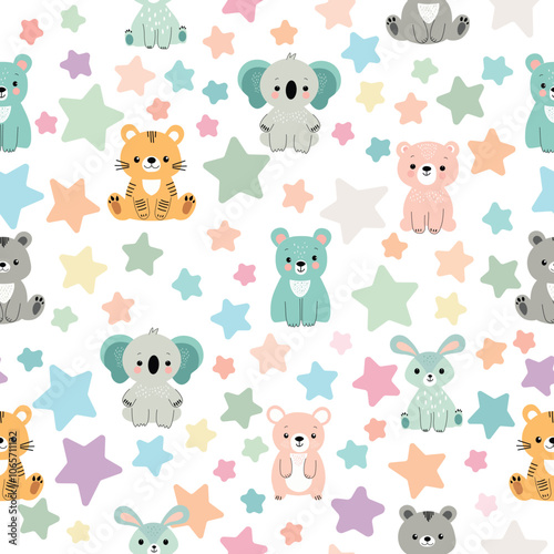 Cute seamless pattern with intricately illustrated cute animals in pastel colors surrounded by roud shaped stars