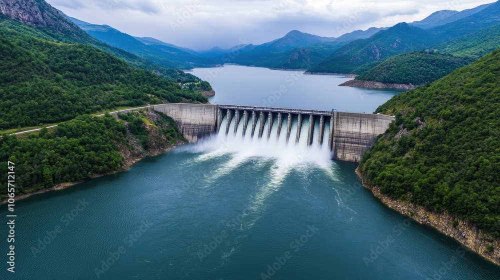 Overwhelming Flash Flood at Dam with Scenic Backdrop Overwhelming Flash Flood at Dam with Scenic Backdrop