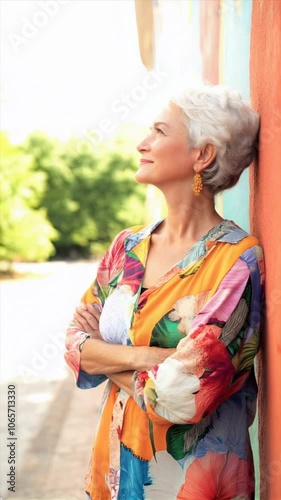 Elegant mature woman with crossed arm, enjoying the breeze and smiling. photo