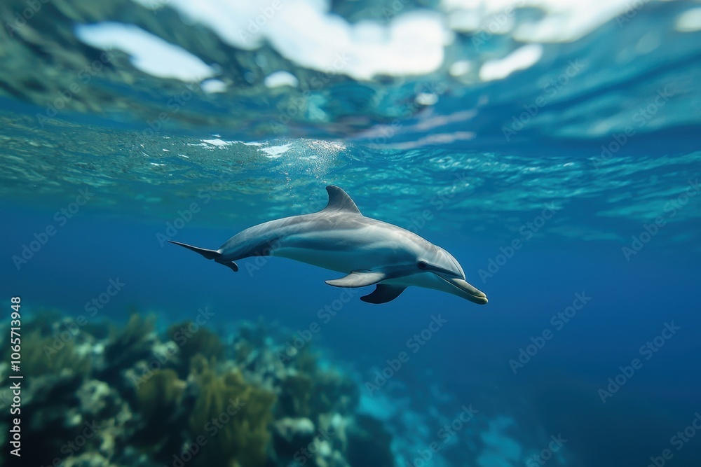 Fototapeta premium A dolphin glides effortlessly through the crystal-clear ocean water, showcasing its sleek form against the backdrop of colorful coral formations below