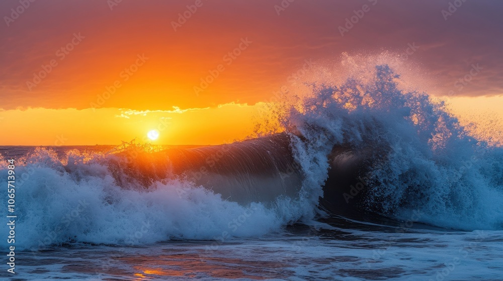 Fototapeta premium Tidal Wave Crashing at Sunset Shoreline