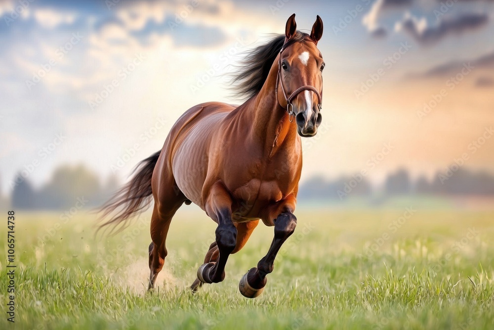 A brown horse runs energetically through a vibrant green meadow, its mane flowing in the wind as the sun sets and paints the sky in warm hues A brown horse runs energetically through a vibrant green meadow, its mane flowing in the wind as the sun sets and paints the sky in warm hues