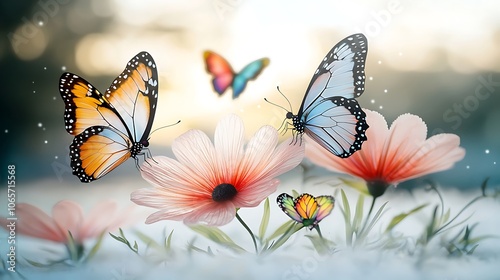 A magical meadow comes to life with oversized, translucent flowers swaying gently in the soft mist, while colorful butterflies with rainbow colored wings flutter around photo