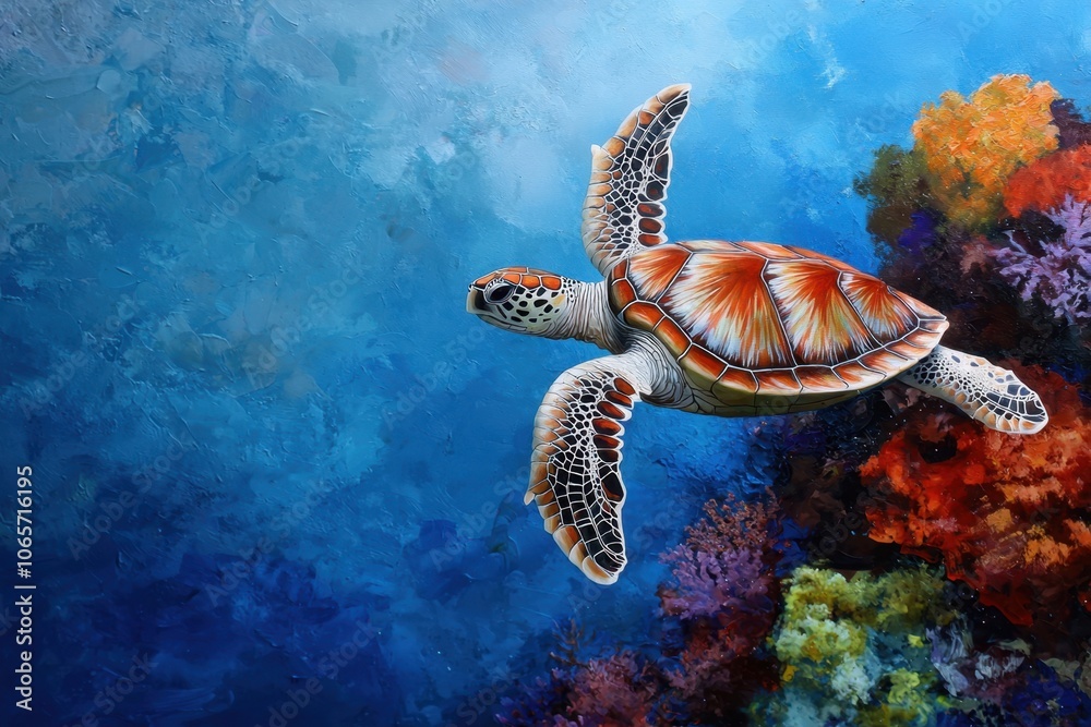 Obraz premium A beautifully detailed sea turtle glides effortlessly through the deep blue waters, surrounded by vibrant coral formations, highlighting marine biodiversity