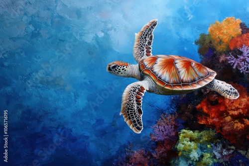 A beautifully detailed sea turtle glides effortlessly through the deep blue waters, surrounded by vibrant coral formations, highlighting marine biodiversity