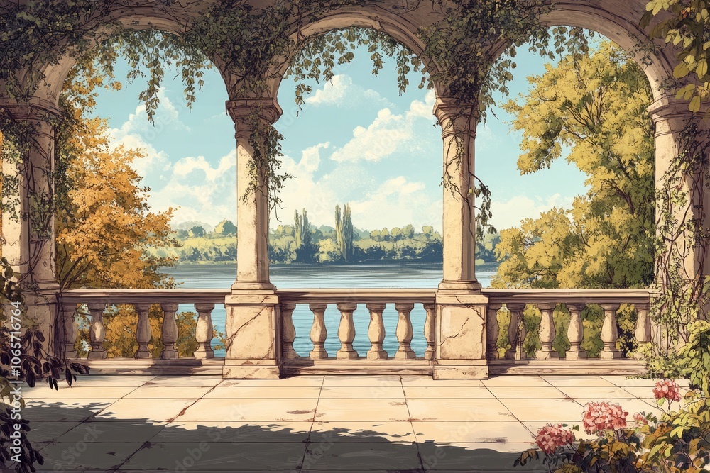 Obraz premium Vintage Stone Archway Overlooking Picturesque River in Architectural Painting