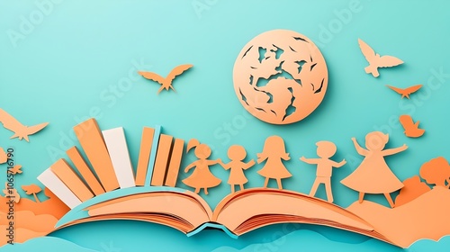 Vibrant layered paper cut style depicting the inclusive and transformative power of education featuring stacked books diverse children and a global sphere