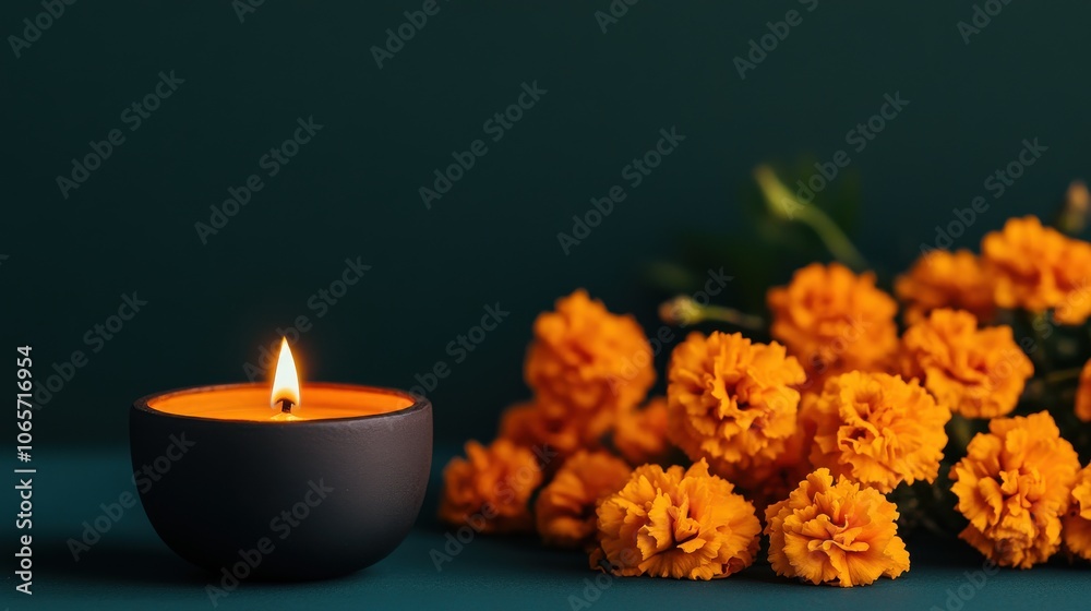 Glowing Diya with Marigold Flowers on a Dark Background Glowing Diya with Marigold Flowers on a Dark Background