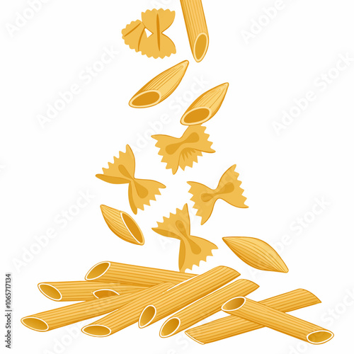 Raw Italian Pasta Variety Vector Illustration Penne and Farfalle Shapes Isolated on white background