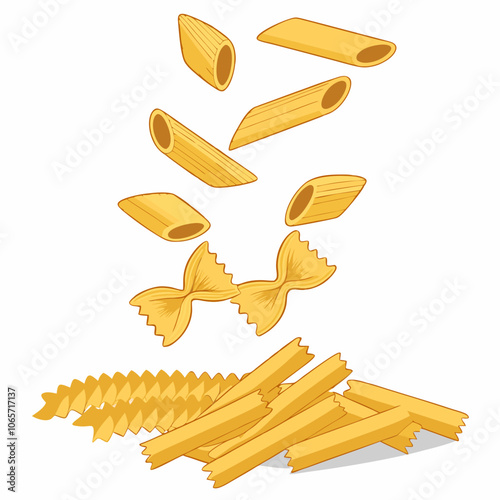 Raw Italian Pasta Variety Vector Illustration Penne and Farfalle Shapes Isolated on white background