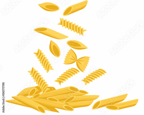 Raw Italian Pasta Variety Vector Illustration Penne and Farfalle Shapes Isolated on white background