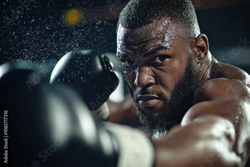 Under the soft gym lights, a boxer hones his skills with powerful punches, sweat glistening on his skin. The atmosphere is charged with determination and ambition photo