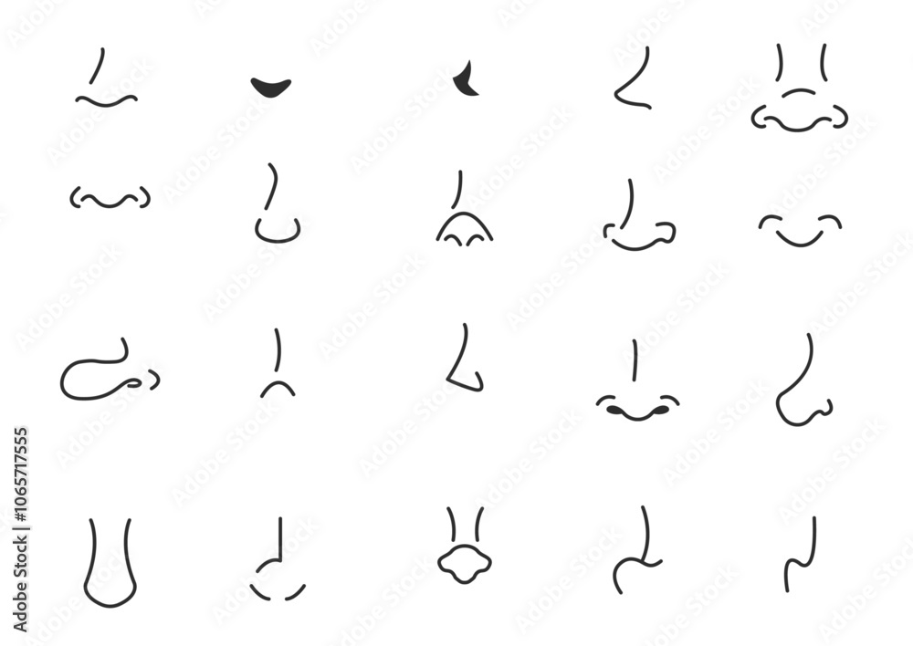 Variations of nose styles in cartoons, manga and others. Vector illustrations
