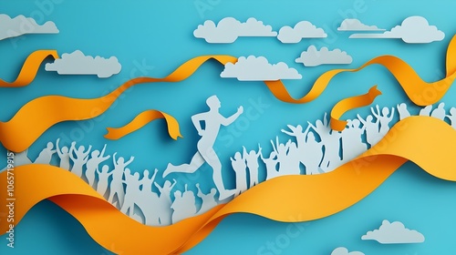 Layered paper cut style of a runner crossing the finish line with vibrant ribbons and a cheering crowd in the background creating a dynamic and energetic scene photo