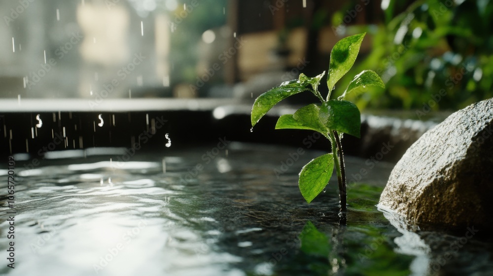 Naklejka premium 静かな石畳の道で雨の中で元気に育つ若い植物