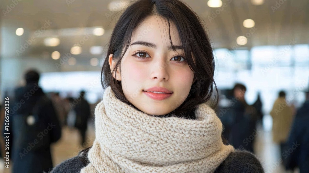 賑やかな屋内の場所で心地よいスカーフを巻いて温かく微笑む女性 賑やかな屋内の場所で心地よいスカーフを巻いて温かく微笑む女性