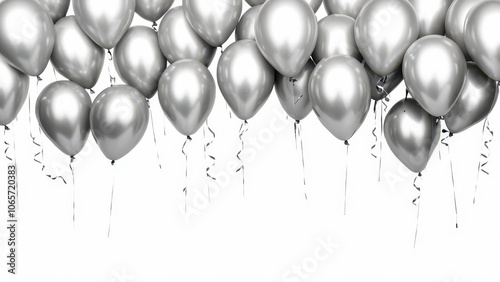 Silver balloons floating on a white background, ideal for birthday, wedding, or festive events