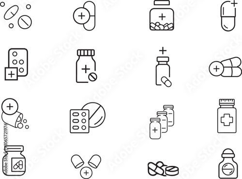 Pill and capsule medicine icon set. Vector illustration of medical, antibiotic, prescription, tablet, pharmacy, drug. 