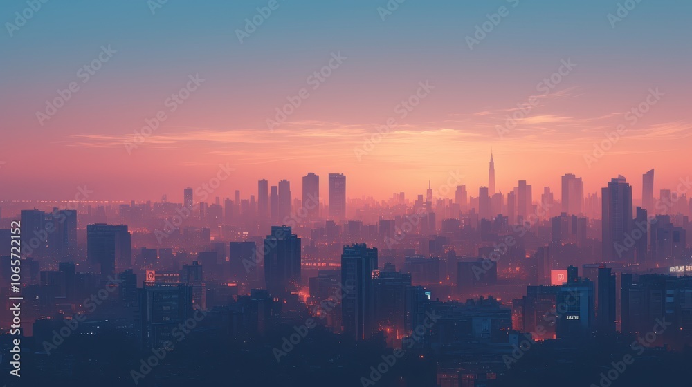 Fototapeta premium A breathtaking skyline view during sunrise, featuring urban skyscrapers shrouded in mist with warm pastel hues.