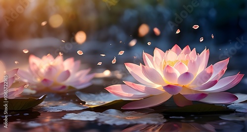 falling lotus petals that dissolve as they touch the ground, symbolizing a peaceful release photo