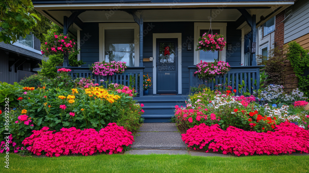 Fototapeta premium Charming Front Porch Garden with Colorful Summer Flowers
