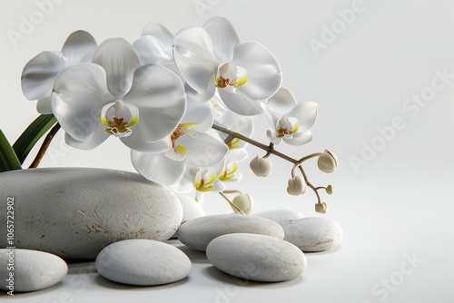 Spa white orchid with massage stones on white background photo