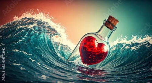 In the foreground a transparent old bottle with a cork that floats through masive ocean waves. Inside the bottle is a heart-shaped glass globe. photo
