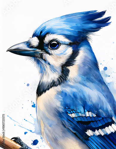 A detailed watercolor painting of a blue jay, its head turned to the side, set against a vibrant background of blue and white hues photo