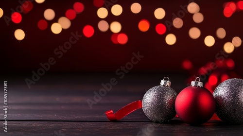 A festive arrangement of red and silver Christmas ornaments on a dark wooden table, with a red ribbon and a bokeh of red and yellow lights in the background. This image evokes themes of joy, celebrati photo