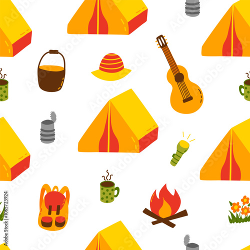 Seamless camping pattern with tents, campfire, guitar, and nature elements.