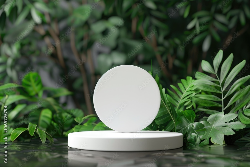 White podium mockup for natural cosmetic product presentation on green ...