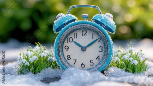 A blue alarm clock sits in snow with snowdrops blooming in the foreground, symbolizing the arrival of spring.
