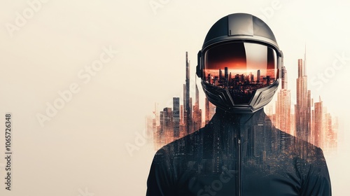 A futuristic figure wearing a reflective helmet against a cityscape background, blending technology with urban aesthetics. photo