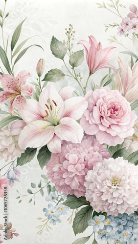 A watercolor-style wallpaper featuring an arrangement of various romantic flowers