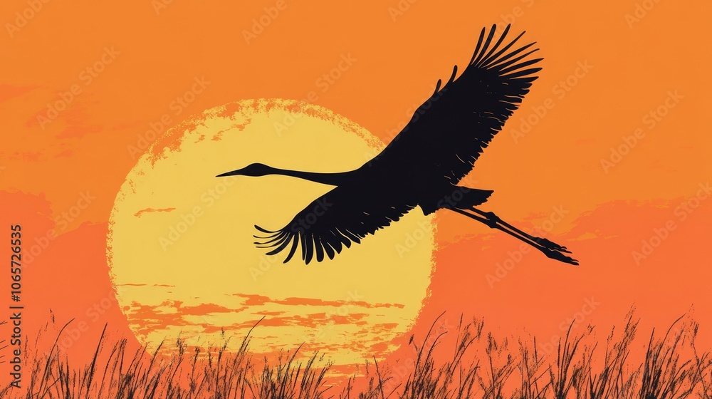 Naklejka premium Majestic Crane in Silhouette Flying Towards the Orange Twilight Sky