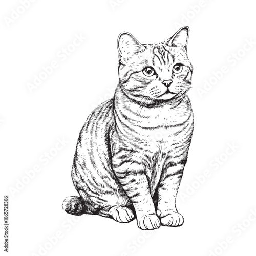 Sketch of a American Shorthair Cat - drawn American Shorthair Cat - black and white American Shorthair Cat on a white background