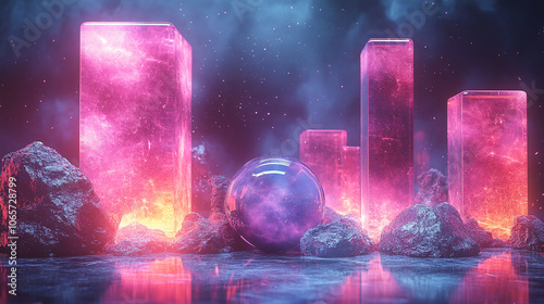 Futuristic neon sci-fi landscape with glowing pillars and sphere