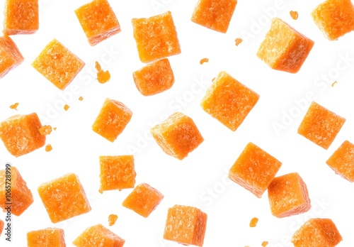 Orange Candied Fruit Cubes Falling Isolated on White Background