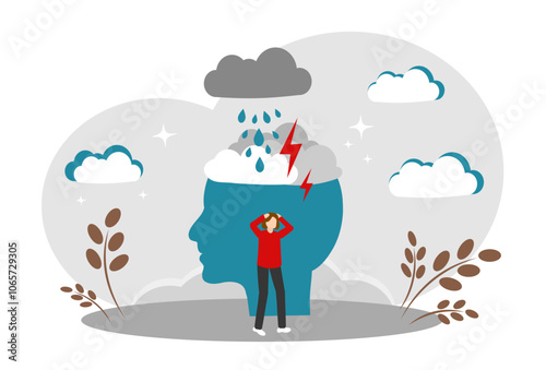 The concept of psychology and mental health. A head with clouds and lightning. Low mood and depression.