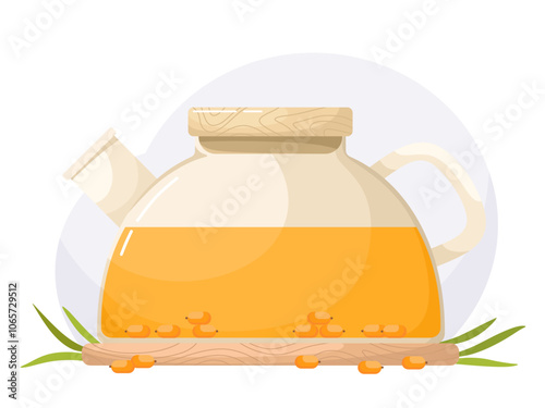 Teapot with sea buckthorn tea. Drink image in flat style.
