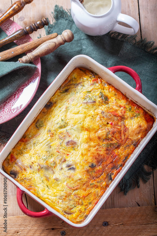 Oven baked omelette with vegetables served with sour cream on wooden background.