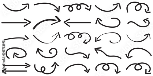 Set of vector curved arrows hand drawn. Sketch doodle style. Collection of pointers.