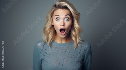 A woman with long blond hair displays a wide-eyed expression of astonishment while standing against a plain background. Her reaction captures a moment of unexpected surprise