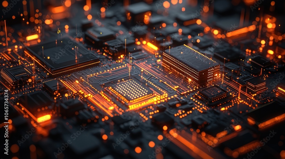 Obraz premium A network of glowing microchips and lines forming an abstract futuristic background in a dark cyberspace setting.