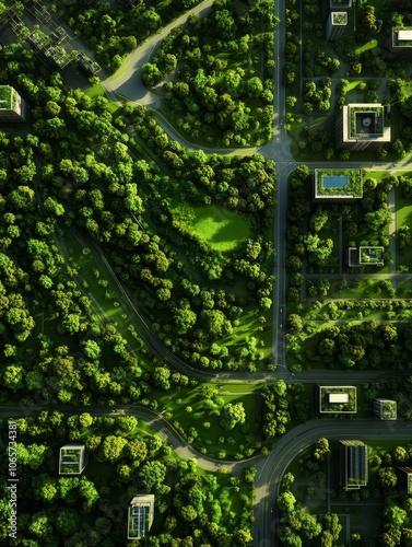 Green Urban Planning: A Sustainable Cityscape, showcasing a vibrant mix of nature and urban development, representing green spaces, parks, buildings, roads, and sustainability.