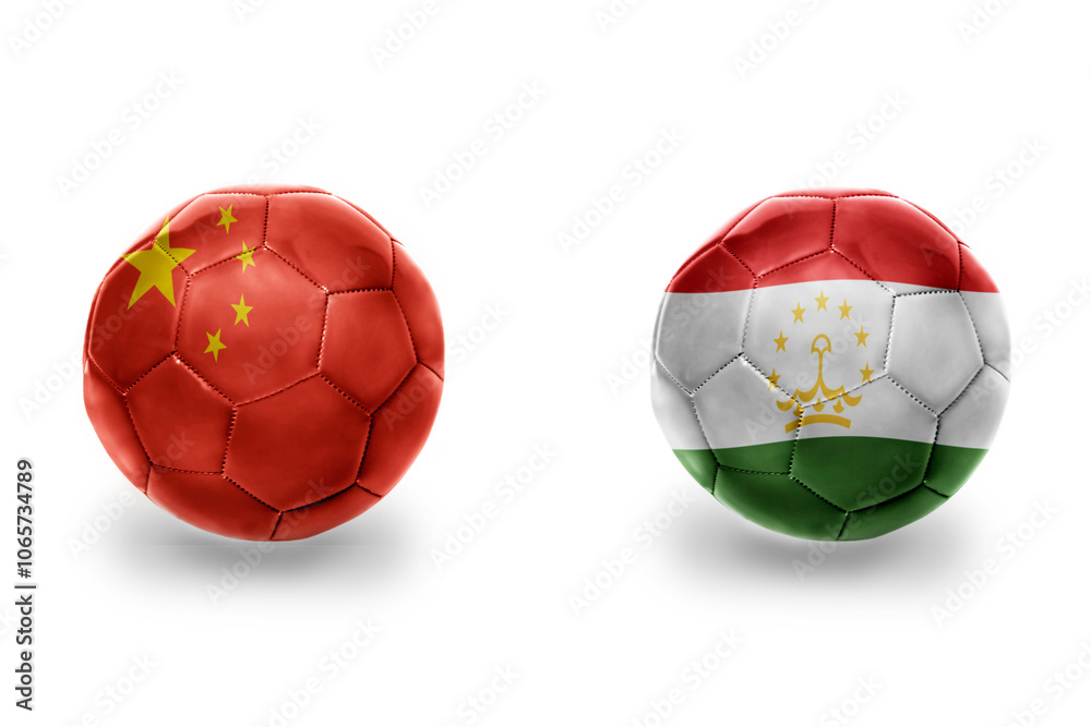 Fototapeta premium football balls with national flags of tajikistan and china ,soccer teams. on the white background.